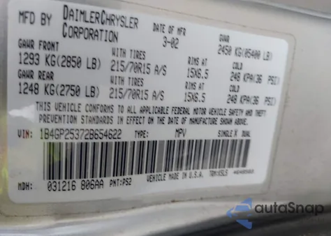 2002 Dodge Caravan Se из США, поврежденный, VIN 1B4GP25372B654622